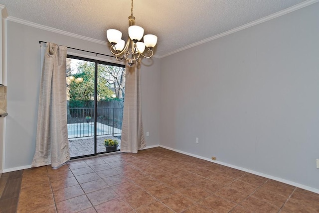 unfurnished room with tile patterned flooring, a textured ceiling, ornamental molding, and a chandelier