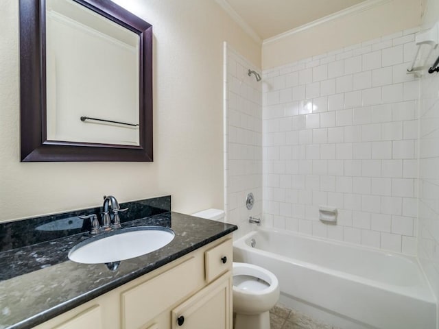 full bathroom featuring vanity, crown molding, tile patterned flooring, tiled shower / bath combo, and toilet