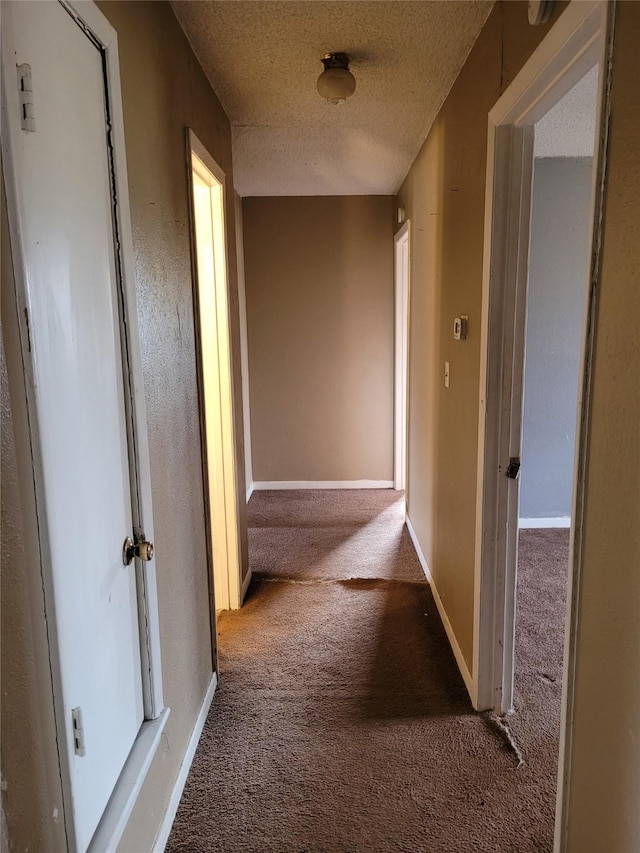 hallway featuring carpet flooring and a textured ceiling