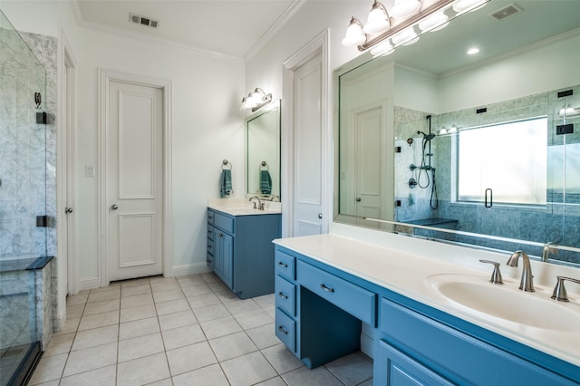 bathroom with tile patterned flooring, vanity, ornamental molding, and walk in shower