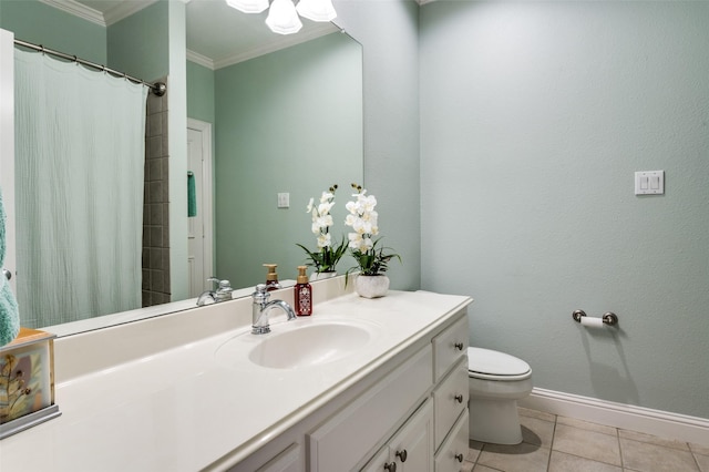 bathroom with a shower with shower curtain, vanity, crown molding, tile patterned flooring, and toilet