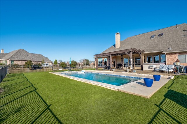 view of swimming pool featuring a patio area, a pergola, and a yard