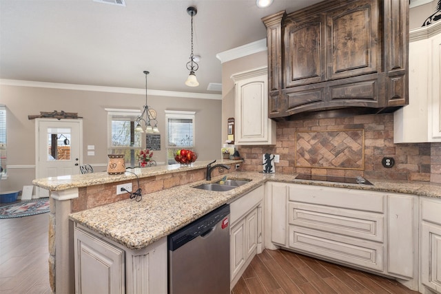 kitchen featuring black electric stovetop, crown molding, sink, stainless steel dishwasher, and kitchen peninsula