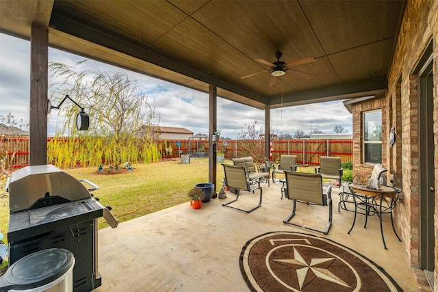 119 Remington Park Dr, Springtown, TX 76082 - view of patio / terrace featuring a fenced backyard, grilling area, and a ceiling fan