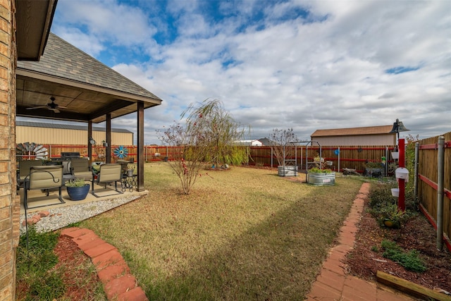 119 Remington Park Dr, Springtown, TX 76082 - view of yard with a fenced backyard, ceiling fan, and a patio