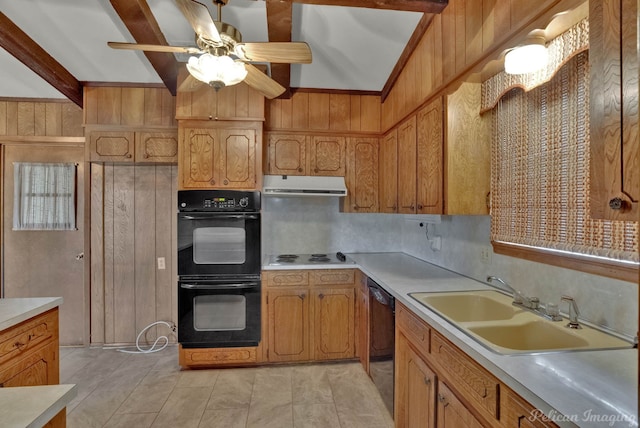 kitchen with sink, decorative backsplash, ceiling fan, black appliances, and beam ceiling