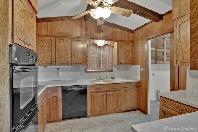 kitchen with decorative backsplash, ceiling fan, sink, black appliances, and lofted ceiling with beams