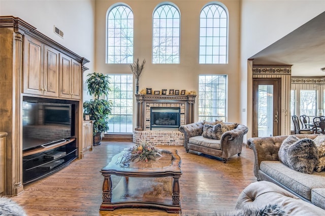 living room with dark hardwood / wood-style floors, plenty of natural light, a towering ceiling, and a fireplace