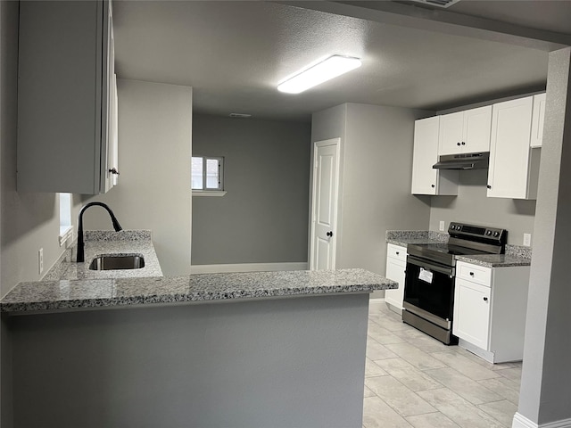 kitchen featuring sink, kitchen peninsula, white cabinets, and electric stove