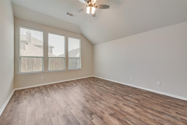 bonus room featuring ceiling fan, wood-type flooring, and lofted ceiling