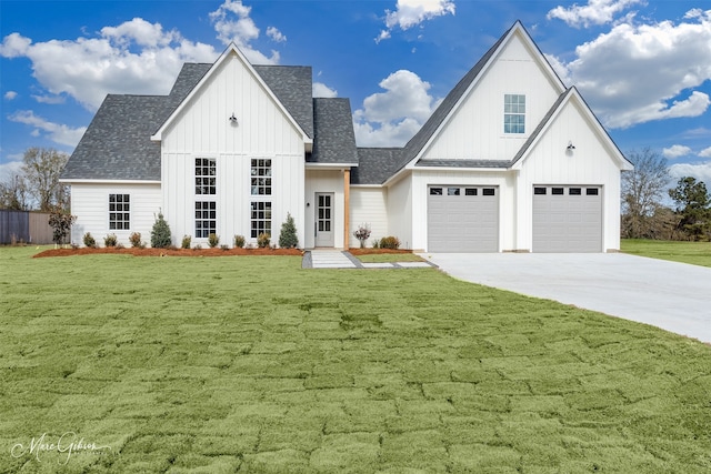 modern farmhouse style home with a front lawn