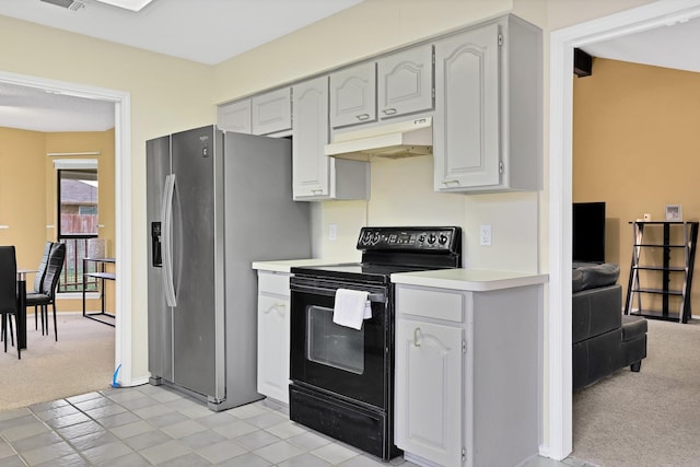 kitchen with black range with electric stovetop, light carpet, and stainless steel refrigerator with ice dispenser