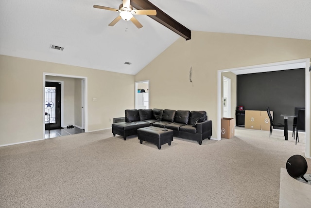 living room with light carpet, lofted ceiling with beams, and ceiling fan