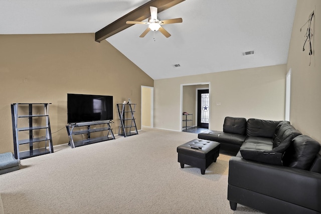 carpeted living room featuring beam ceiling, high vaulted ceiling, and ceiling fan