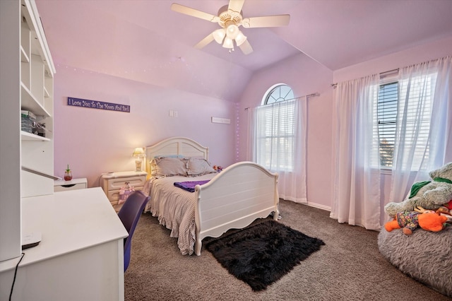 carpeted bedroom featuring ceiling fan and lofted ceiling