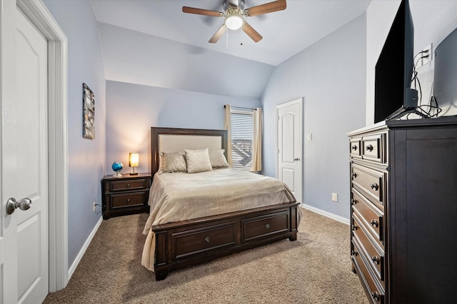 bedroom featuring ceiling fan, carpet, and lofted ceiling