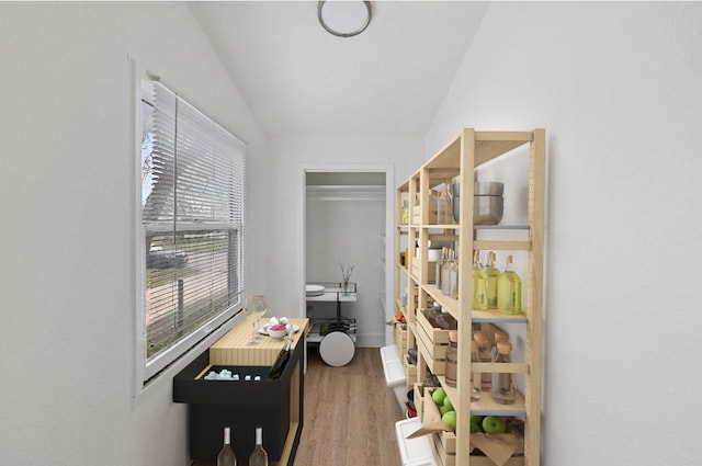 interior space with wood-type flooring and vaulted ceiling