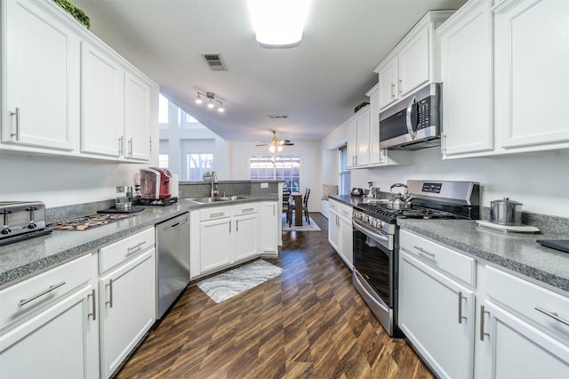 kitchen with white cabinetry, sink, ceiling fan, dark wood-type flooring, and stainless steel appliances