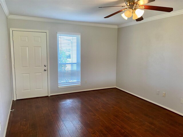 interior space with ceiling fan, dark hardwood / wood-style floors, and ornamental molding