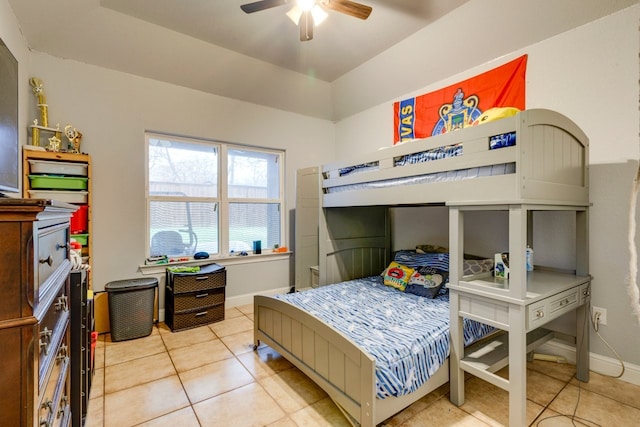 bedroom with light tile patterned floors and ceiling fan