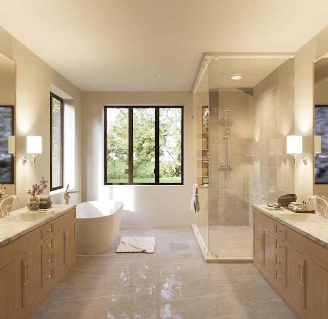 bathroom with vanity and shower with separate bathtub