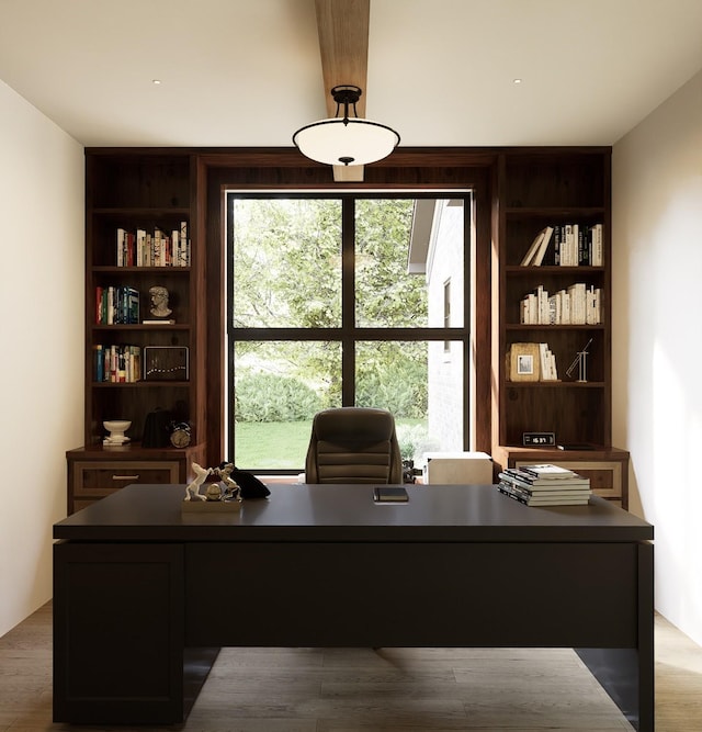 office space featuring wood-type flooring and built in features