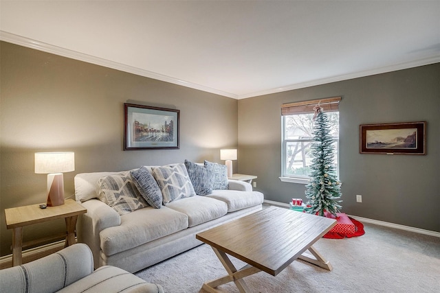 living room with carpet and ornamental molding