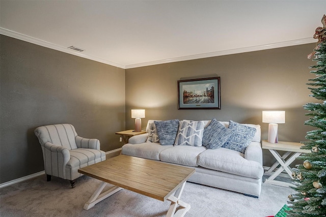 carpeted living room featuring crown molding