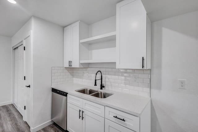 kitchen with white cabinetry, sink, stainless steel dishwasher, and backsplash