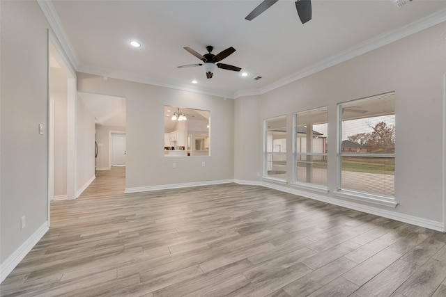 unfurnished living room featuring ornamental molding, ceiling fan, and light wood-type flooring