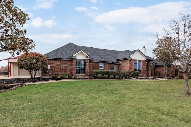 ranch-style house with a garage and a front yard