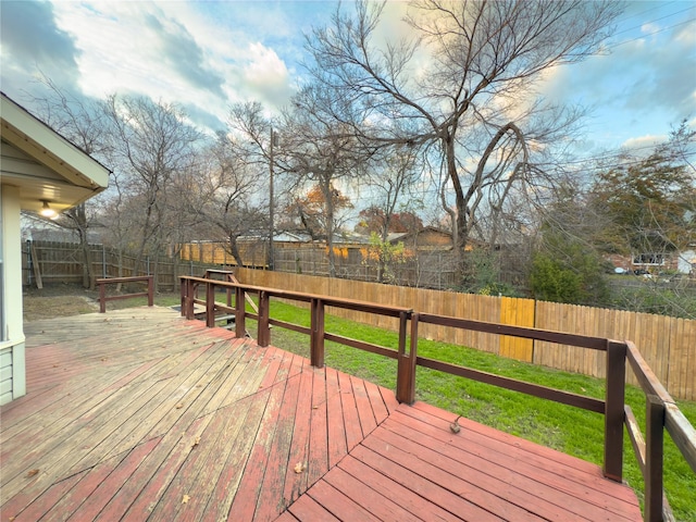 wooden deck featuring a fenced backyard and a lawn