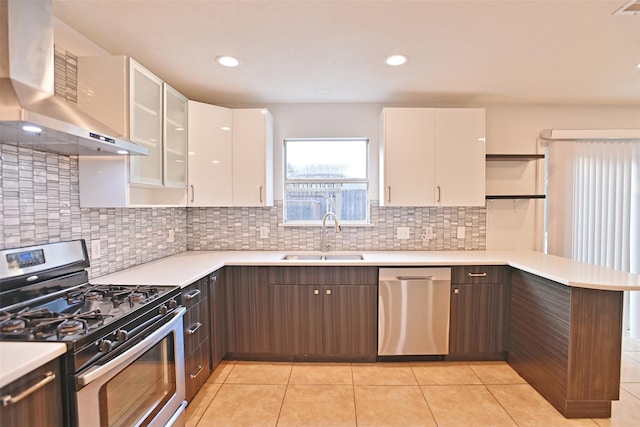 kitchen featuring sink, ventilation hood, dark brown cabinets, appliances with stainless steel finishes, and white cabinets