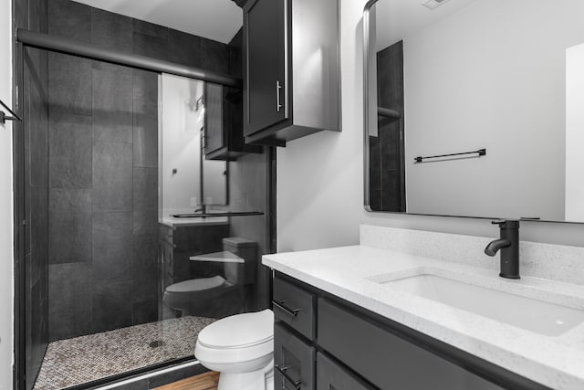 bathroom with vanity, toilet, and a shower with shower door