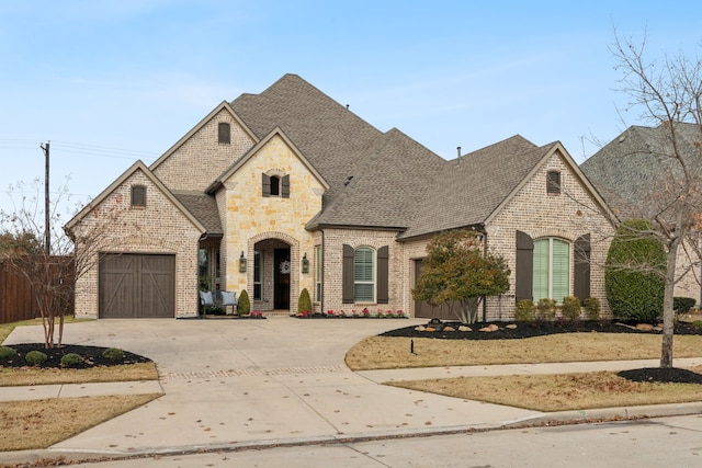 french country style house with a garage