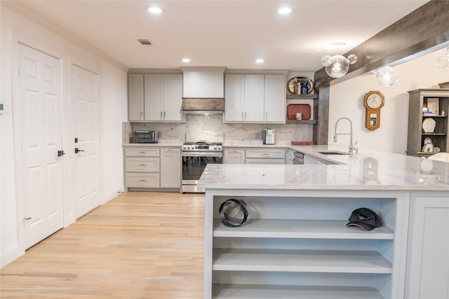 kitchen with kitchen peninsula, tasteful backsplash, custom range hood, stainless steel appliances, and sink