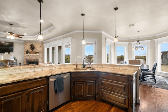 kitchen with dishwasher, a stone fireplace, sink, a tray ceiling, and decorative light fixtures