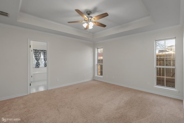 carpeted spare room featuring a tray ceiling and ornamental molding