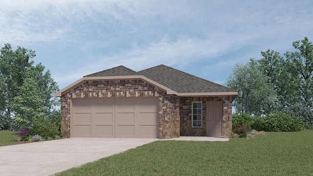 single story home featuring a front lawn and a garage