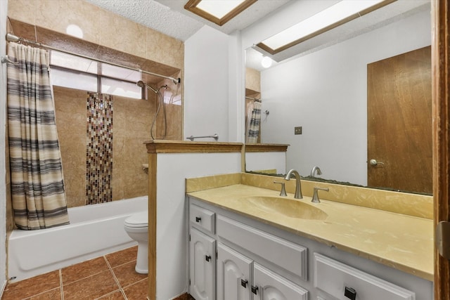 full bathroom with shower / bath combo, vanity, toilet, and tile patterned floors