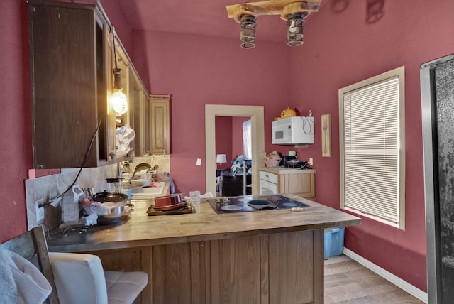 kitchen with sink, black electric stovetop, wood counters, and light hardwood / wood-style flooring