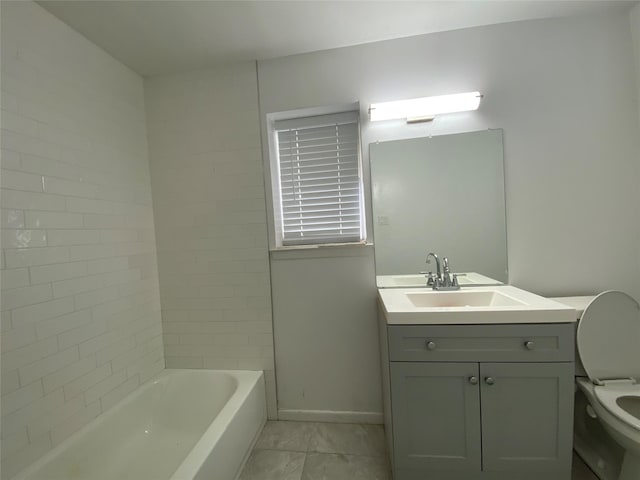 full bathroom featuring tile patterned flooring, vanity,  shower combination, and toilet