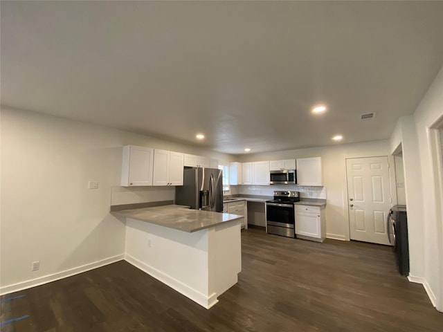 kitchen featuring white cabinetry, stainless steel appliances, dark hardwood / wood-style floors, backsplash, and kitchen peninsula