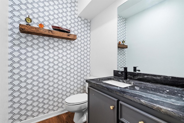 bathroom with wood-type flooring, vanity, and toilet