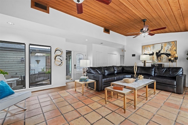 living room with visible vents, ceiling fan, high vaulted ceiling, and wood ceiling