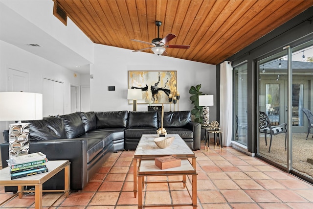 living room with lofted ceiling, ceiling fan, visible vents, and wooden ceiling