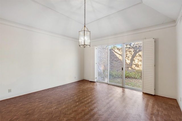 unfurnished dining area with crown molding, a chandelier, vaulted ceiling, and dark parquet floors