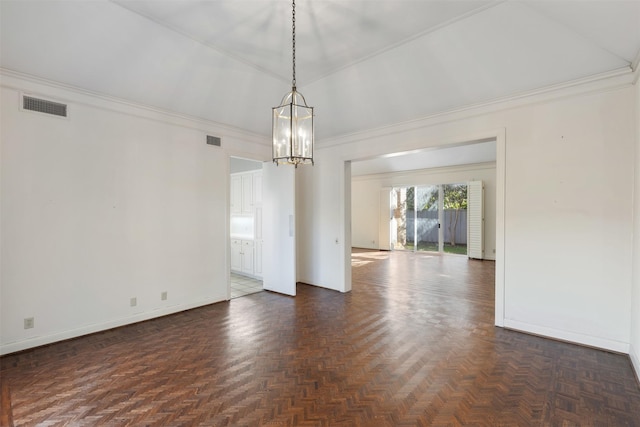 empty room featuring vaulted ceiling, a notable chandelier, and dark parquet floors