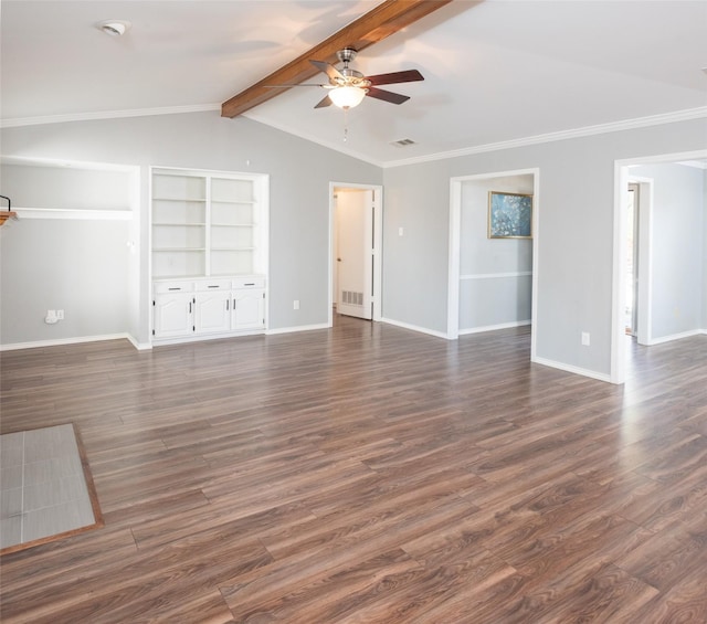 unfurnished living room with ornamental molding, lofted ceiling with beams, dark hardwood / wood-style floors, and ceiling fan