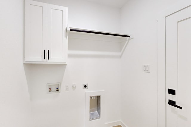 washroom with hookup for an electric dryer, hookup for a gas dryer, cabinets, and hookup for a washing machine